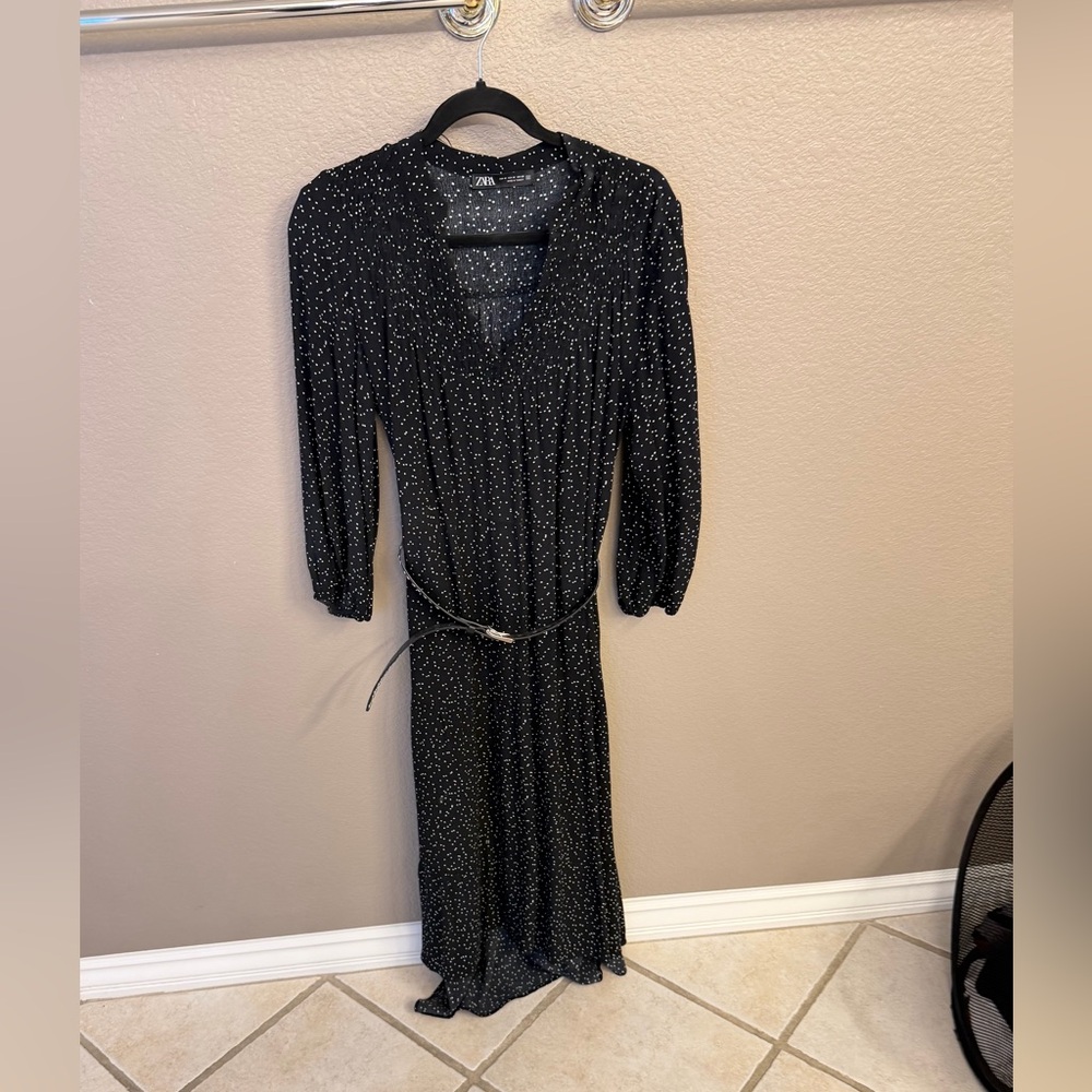 Zara Black Dress with White Speckles and Belt